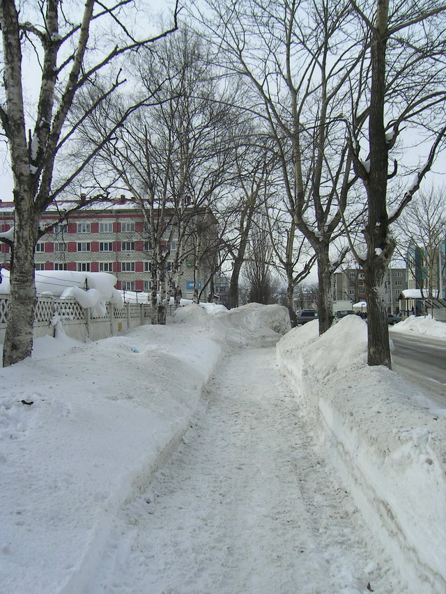 Одна из улиц Южно-Сахалинска зимой.